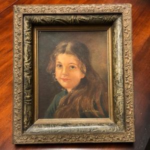 Antique Oil Painting Young Girl after Ferdinand Schauss Elaborate Eastlake Frame